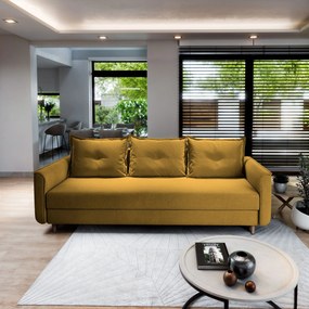 Masseno Sofa NAPOL z funkcją spania i pojemnikiem na pościel, Rozkładana sofa - Żółty, KRONOS 01