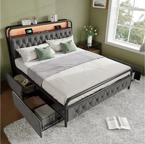 Łóżko dla dorosłych 160x200 cm – łóżko dwuosobowe z oświetleniem USB i LED – 4 szuflady – szary aksamit – bez materaca