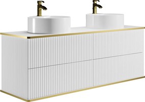 Szafka łazienkowa wisząca  prążkowana ze złotą obwódką i dwoma okrągłymi umywalkami nablatowymi - Biały - 150 cm - KELIZA