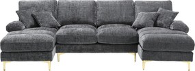 Sofa w kształcie litery U, szary szenil, tapicerowana sofa z poduszkami i 2 poduszkami dekoracyjnymi, odpowiednia do salonu i sypialni