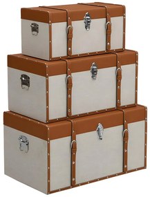 Zestaw 3 kuferków z drewna sosnowego i MDF – pokrycie ze skóry ekologicznej i tkaniny – 3 rozmiary – brązowy i taupe – JACINTO