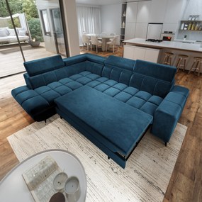 Masseno Narożnik MORIVA z funkcją spania i pojemnikiem na pościel Narozniki L, Rozkładana sofa - Niebieski, MONOLITH 77