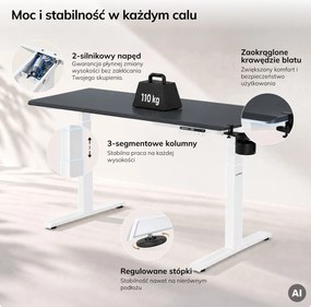 Biurko elektryczne z regulacją wysokości ergonomiczne biało-antracytowe,1400x700 mm: ARIA
