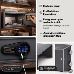 Sejf hotelowy elektroniczny z zamkiem na kod, na laptopa 15″ i dokumenty, 200 x420x370 mm: ALFRED