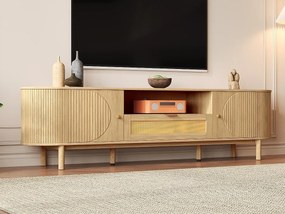 Nowoczesna szafa pod TV 175×36×51 cm - z 2 drzwiami i 1 szufladą z rattanu - otwarte półki - naturalny