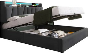 Łóżko 160x200cm - z LED i portami ładowania - tkanina lniana - Szary