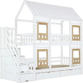 Łóżko piętrowe dziecięce 90×200 cm - z okienkiem - z 2 szufladami - schody z schowkiem - drewno lite - białe + naturalne