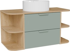 Wisząca szafka łazienkowa z wnękami i okrągłą umywalką nablatową – Zielony migdałowy i jasny naturalny – szer. 100 cm – AVORELI