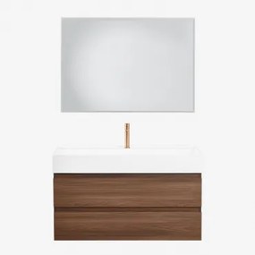 Zestaw Wiszących Mebli Łazienkowych Z Drewna I Forniru Jesionowego Zintegrowany Z Umywalką Ona Prostokątna Lampa Led I Przeciwmgielna 100x70 Cm Riben