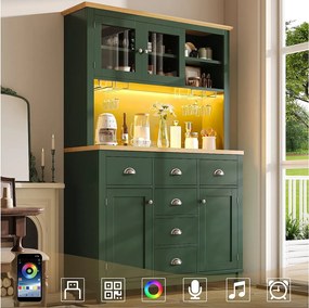 Kredens kuchenny w stylu rustykalnym - 104 x 40 x 180 cm - z drzwiami, diodami LED, półkami i szufladami - MDF - zielony