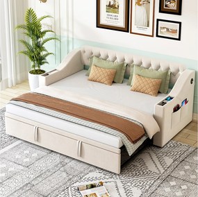 Łóżko wysuwane 90/180 x 190 cm z wezgłowiem - 2 kieszenie i ładowanie USB - Aksamit - Beż