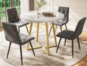 Stół jadalny okrągły - metalowa konstrukcja - okleina w marmurowy wzór - Biały i Złoty