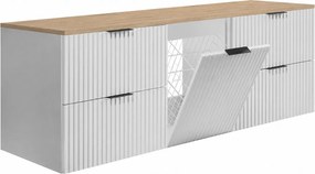 Szafka łazienkowa wisząca pod umywalkę z koszem na pranie, biały / blat dąb jasny, uchwyty czarne, 160 x 46 x 57 cm