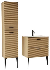 Podwieszana szafka łazienkowa prążkowana na nóżkach z umywalką do zabudowy, kranem i słupkiem - 2 szuflady - Jasny naturalny - 60 cm - SARONE