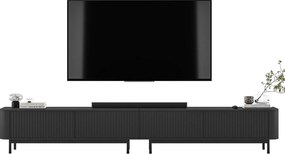 Szafka RTV 4-drzwiowa, fronty ryflowane, czarny mat, czarne metalowe nogi, 280 cm - AURORA