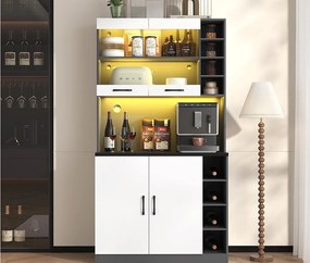 Kredens kuchenny 100×47×187 cm - z oświetleniem LED - 2 drzwi - biały+czarny