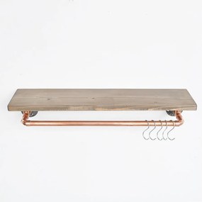 Półka z rur – 60 cm x 12 cm x 14 cm – orzech i różowe złoto – drewno jodłowe z rurami miedzianymi