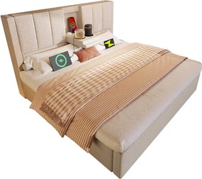 Łóżko tapicerowane dwuosobowe ze schowkiem - 140 x 200 cm - z ukrytym uchwytem na kubek i stacją ładującą - len - beżowe (z materacem)