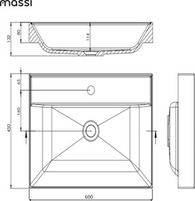Umywalka z konglomeratu blatowa prostokątna biała NAVI | Różne rozmiary | Z otworem na baterię lub bez : Otwory na baterię - Jeden otwór, Rozmiar - 60 x 45 cm
