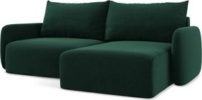 Ciemnozielony aksamitny rozkładany/ze schowkiem narożnik (prawostronny/z szezlongiem) Kalena – Makamii