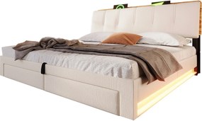 Tapicerowane łóżko z pojemnikiem 180x200 cm - z portem USB Type-C - z oświetleniem LED - len - beżowy​ (materac nie jest wliczony w cenę)