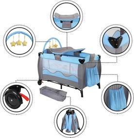 Łóżeczko turystyczne podróżne, niebiesko-szare