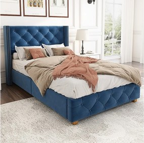 Łóżko dziecięce 90x200 cm - Łóżko pojedyncze z tapicerowanym zagłówkiem i stelażem - niebieski aksamit - bez materaca