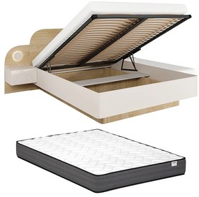 Łóżko ze skrzynią 160 x 200 cm - Z szafkami nocnymi i LEDami - Kolor: Beżowy i Naturalny + Materac - DARTAGNO