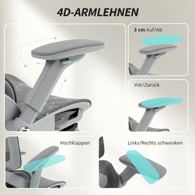 HOMCOM Ergonomiczny fotel biurowy, fotel komputerowy z siatki z oddzielnym oparciem, podparcie lędźwiowe, 4D składane podłokietniki, Szary | Aosom PL