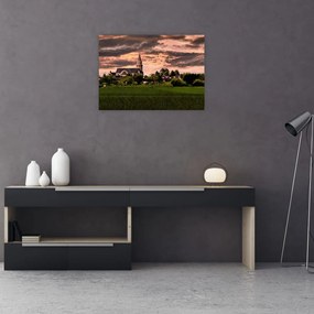 Obraz na szkle - krajobraz z kościołem (70x50 cm)