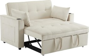 Beżowa sofa 2-osobowa - Sofa rozkładana z uchwytem na kubek i schowkiem - poduszki i kółka