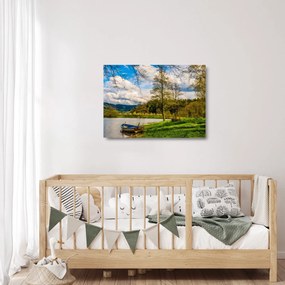 Obraz na szkle łodzi nad jeziorem (70x50 cm)