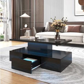 Stolik kawowy - 1 szuflada i 2 półki - płyta wiórowa - diody LED - połysk czarny
