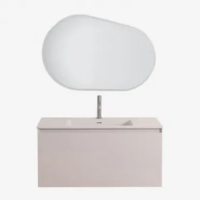 Zestaw Drewnianych Mebli Łazienkowych Macrae Ze Zintegrowaną Umywalką Nature & Owalna Lampa Led I Przeciwmgielna 100x65 Cm - Sklum