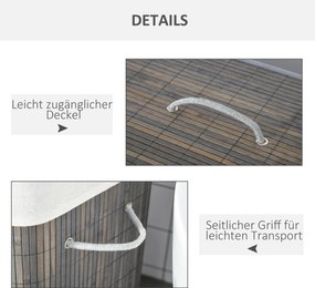 HOMCOM 100L Kosz na pranie z 3 uchwytami, z pralnym workiem na pranie, Bambus, Poliester, Bawełna, Metal, 52 x 32 x 63 cm, Szary