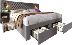 Łóżko dwuosobowe z weluru 180x200 cm - z 2 szafkami nocnymi i 4 szufladami - 2 lampki do czytania z gniazdem USB - Szare (materac nie wchodzi w skład)