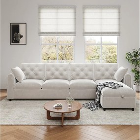 Nowoczesny narożnik 4-osobowy z pojemnikiem na pościel - podłokietniki boczne z kieszeniami 281 x 132 x 86 cm - aksamit - beżowy