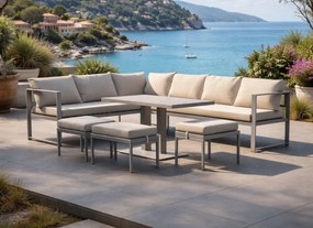Narożnik ogrodowy Bellagio NM21-G-GR z pufami i ławostołem, szary, poduszki beżowe