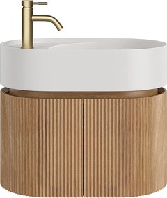 Wisząca szafka łazienkowa z prążkowanego drewna jesionowego z umywalką z białej matowej żywicy i baterią - Naturalny jasny - 60 x 51 x 37 cm - PROTEA