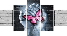 Obraz - Różowy motyl w ścianie (125x70 cm)
