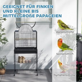 PawHut Mobilna klatka dla kanarków i falistych, z dolną półką, metalowa siatka, Czarna