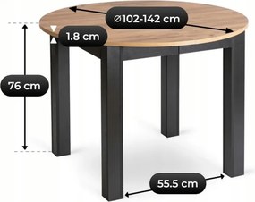 Zestaw Stół Okrągły Rozkładany HARRY 102-142 cm Dąb Craft/Czarny i 6 Krzeseł Tapicerowanych PERU Szarych
