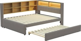 Łóżko dzienne 140 x 200 cm - łóżko wysuwane 90 x 190 cm z oświetleniem LED i dużą ilością miejsca do przechowywania - ciemnoszara flanela
