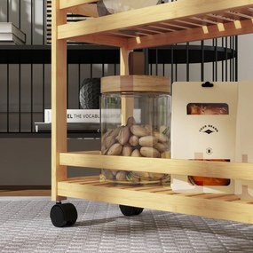 HOMCOM Wózek Serwisowy, 3 Poziomy, Półki Listwowe, Zabezpieczenie przed Wypadaniem, Bambus, 55 x 20 x 75 cm