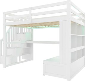 Łóżko piętrowe dla dzieci - 140 x 200 cm - z biurkiem + półkami + 2 szufladami + drabinką - MDF + drewno - białe