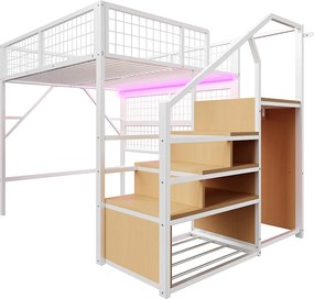 Łóżko mezzanine 140x200 - z oświetleniem LED - z drabiną do przechowywania - z otwartą szafą - białe (bez materaca)