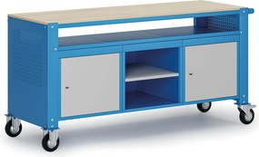 Mobilny stół warsztatowy G9, 2 półki, 2 szafki, 1690 x 595 x 865-1130 mm, szary/niebieski