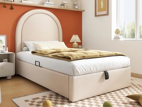 Łóżko dziecięce tapicerowane w skórze ekologicznej z wzorem - 90x200cm - z miejscem do przechowywania - Beżowe