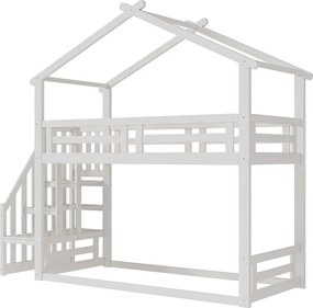 Łóżko piętrowe dla dzieci - 90 x 200 cm - ze schodkami bezpieczeństwa + dach - drewno + płyta MDF - białe