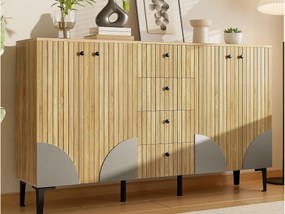 Nowoczesny buffet z drewna 160x36x94 cm - 4 fronty i 4 szuflady - Wykończenie drewno - Płyty wiórowe - Kolor naturalny